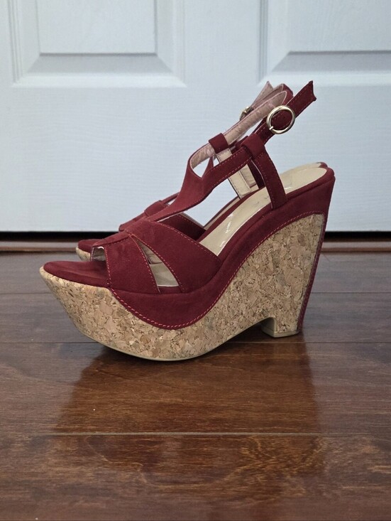 ANDREA FENZI Shoes - ANDREA Red Microsuede Cork Platform Wedge Sandals with Ankle Straps Size 7